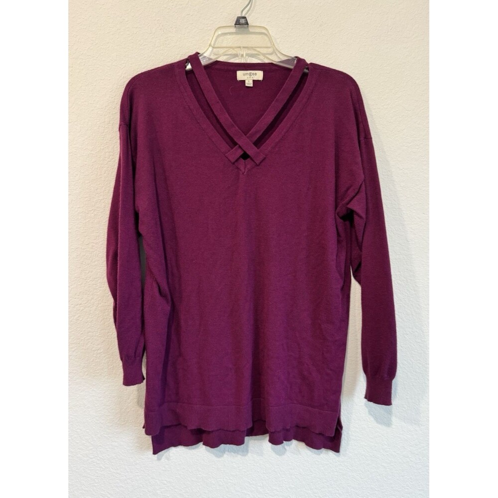Umgee Women's Pullover Knit Long Sleeve Sweater Criss Cross V Neck Small